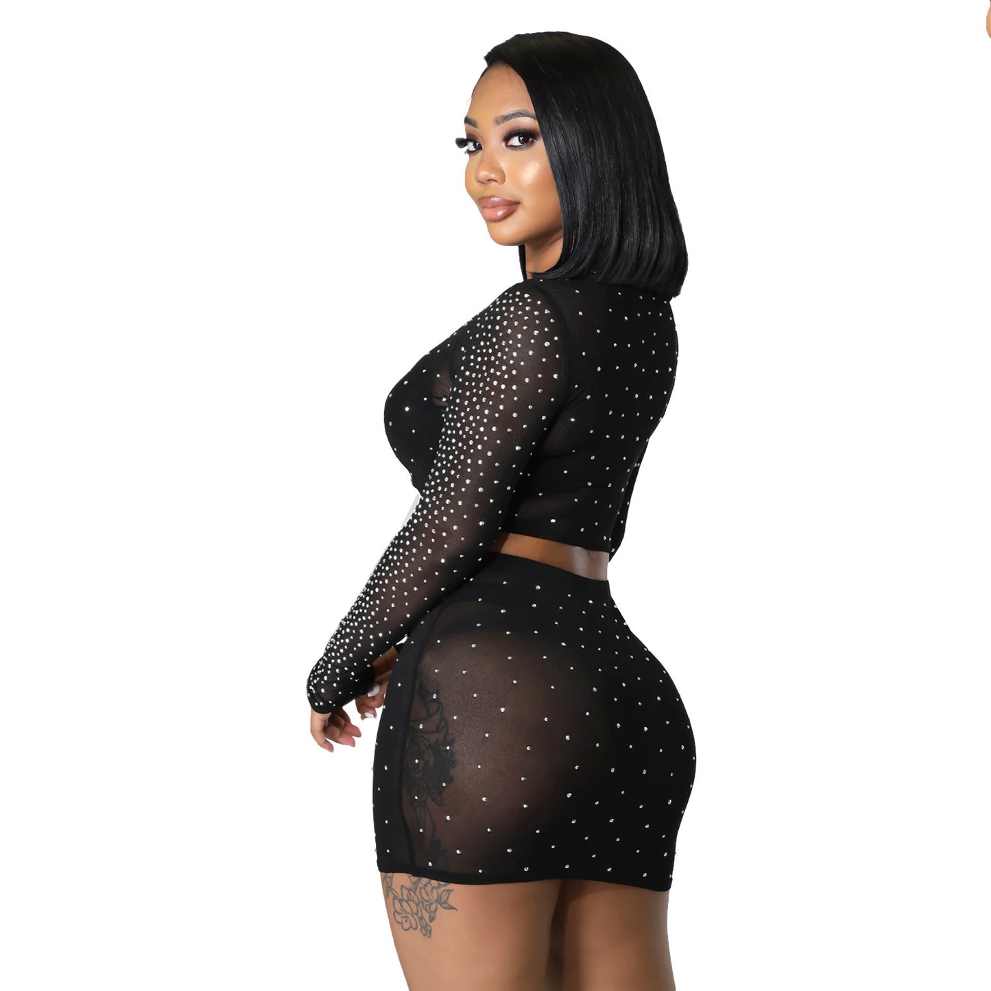 Tenue jupe transparente à manches longues en maille pour femme