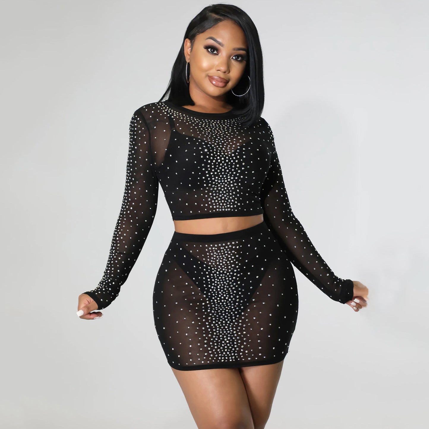 Tenue jupe transparente à manches longues en maille pour femme