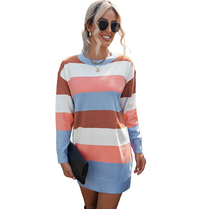 Women's Long Sleeve Dress Sweater Autumn And Winter Knitting Striped Contrast Color