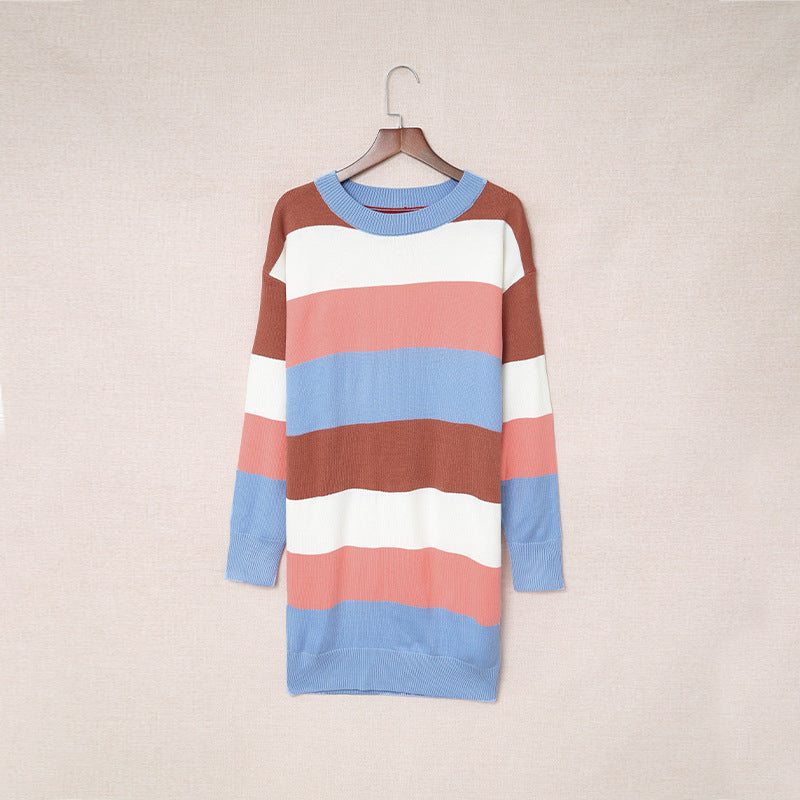 Women's Long Sleeve Dress Sweater Autumn And Winter Knitting Striped Contrast Color