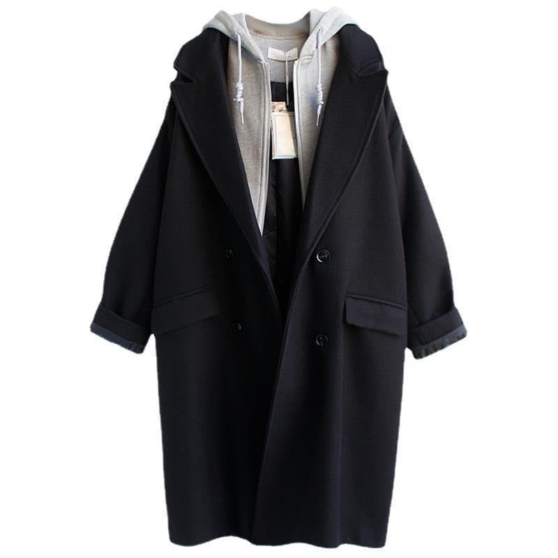 Manteau mi-long coréen ample en laine de coton