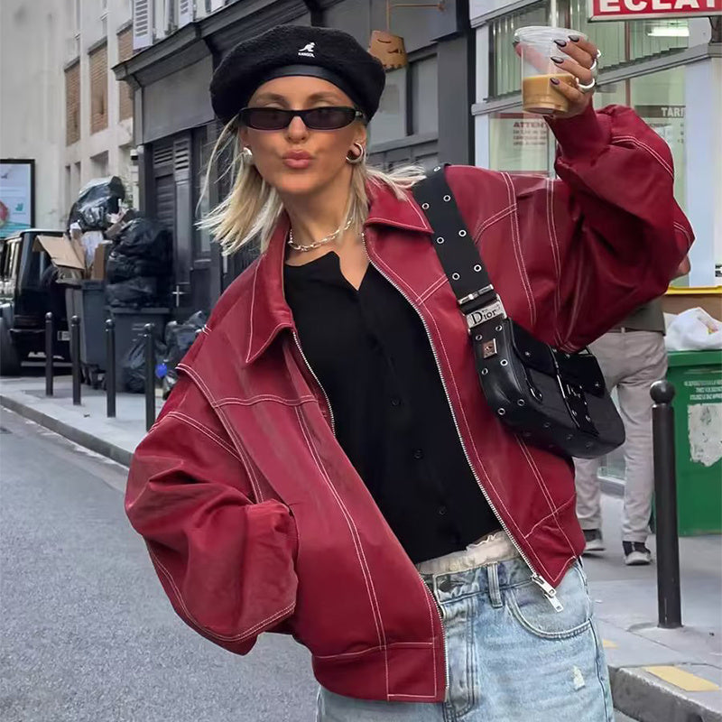 Los Mode Lapel Rits-up Baadjie Koel Langmou Ritssluiting Moto Biker Leer Baadjie Damesklere