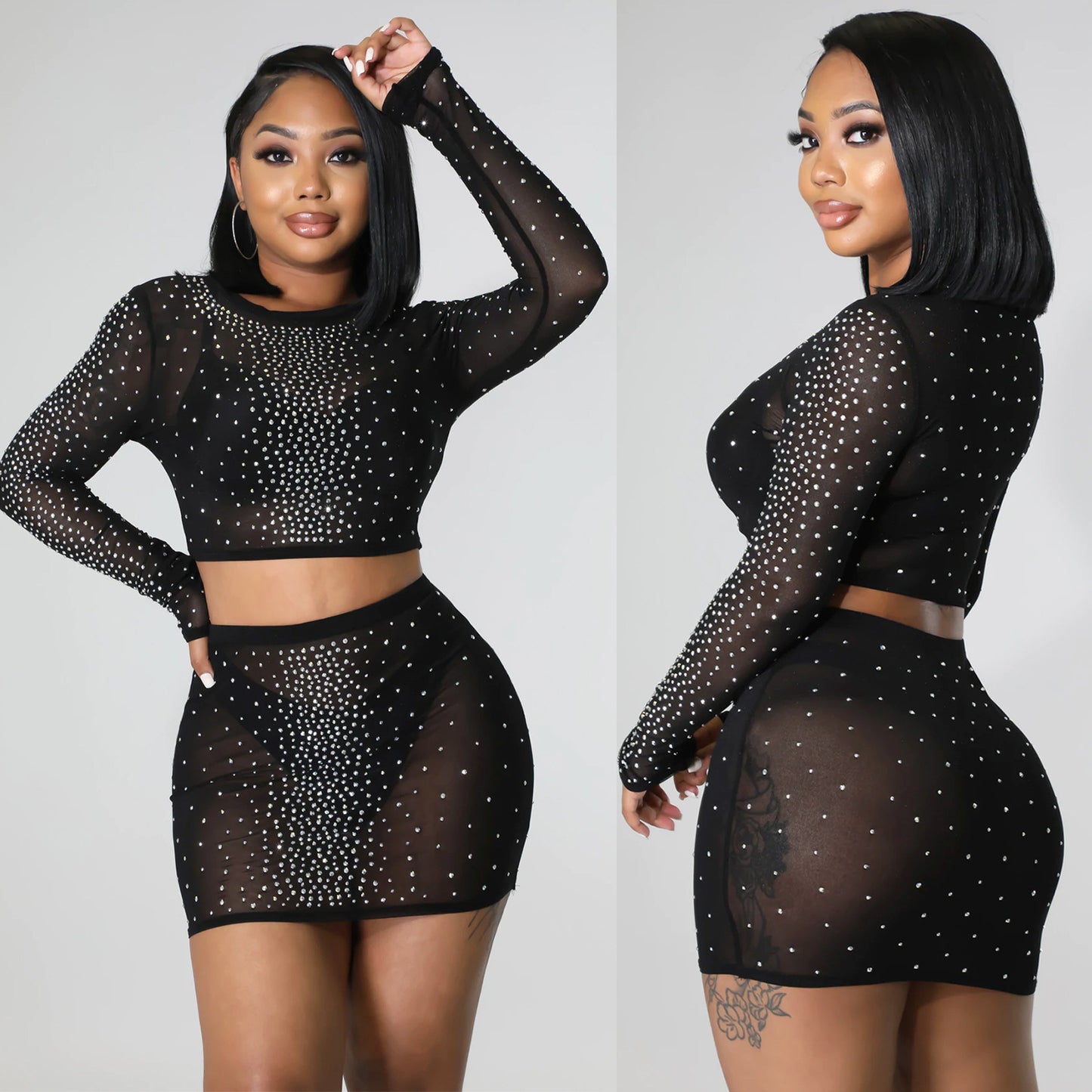 Tenue jupe transparente à manches longues en maille pour femme