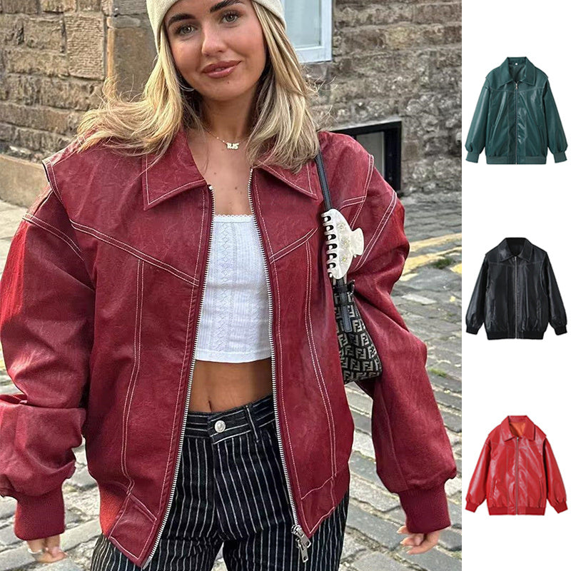Los Mode Lapel Rits-up Baadjie Koel Langmou Ritssluiting Moto Biker Leer Baadjie Damesklere