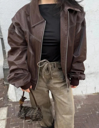 Los Mode Lapel Rits-up Baadjie Koel Langmou Ritssluiting Moto Biker Leer Baadjie Damesklere