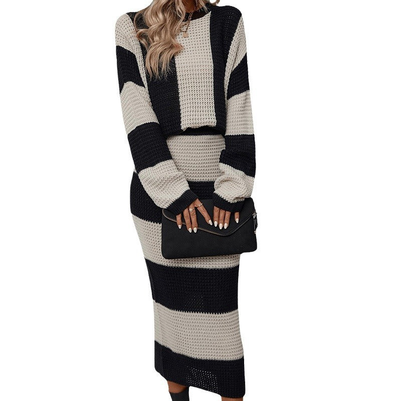 Robe longue en tricot ample à rayures de couleurs contrastées pour l'automne et l'hiver