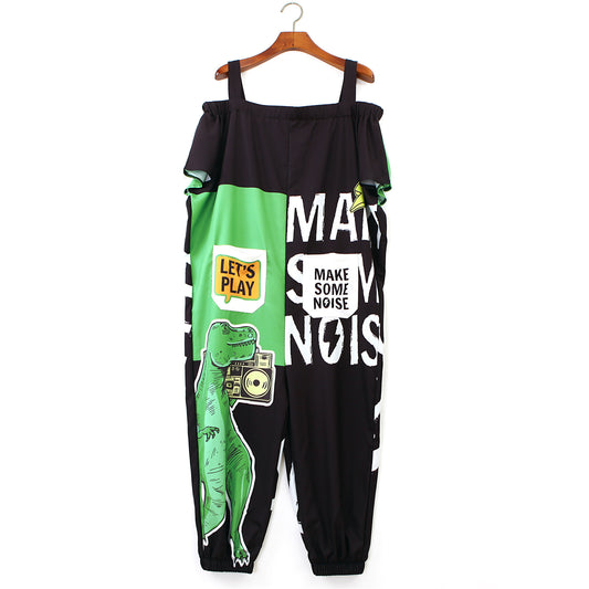 New Trendy Brand Plus Size Women'S Hip-Hop Hip-Hop Hip-Hop One-Piece Suspenders Rock Dinosaur