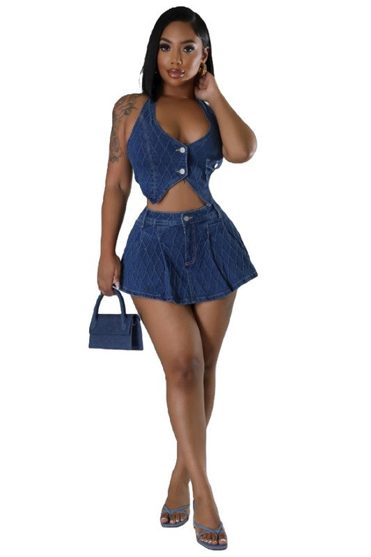 ENSEMBLE SHORT DEUX PIÈCES EN DENIM À LA MODE