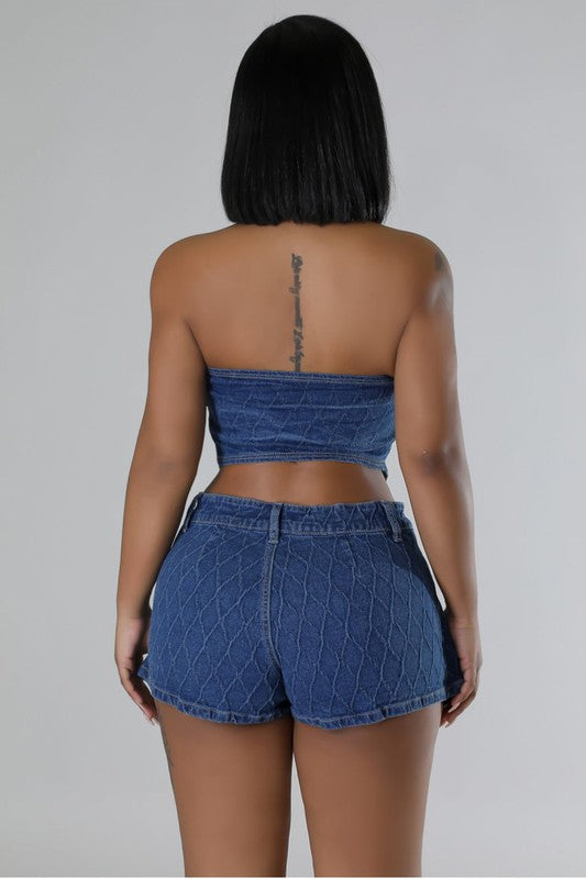 ENSEMBLE SHORT DEUX PIÈCES EN DENIM À LA MODE