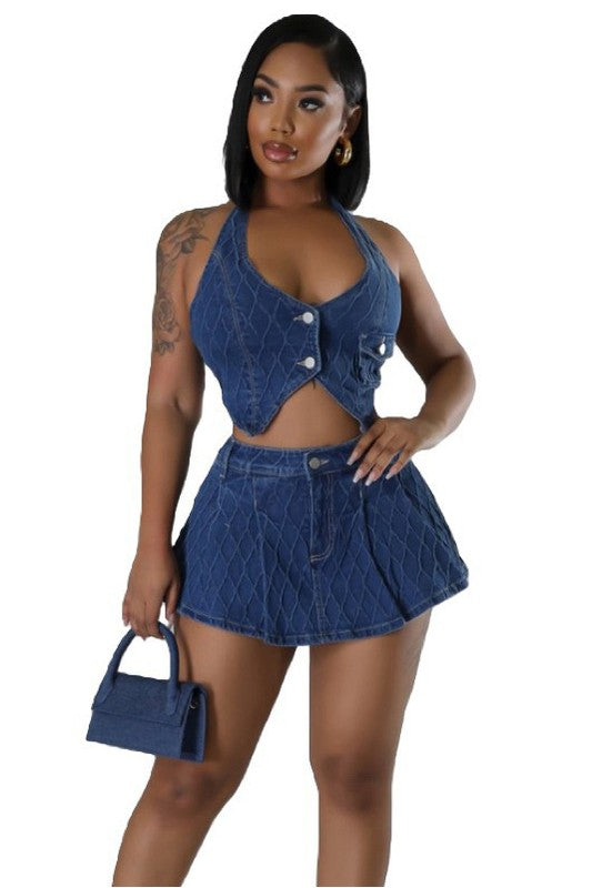 ENSEMBLE SHORT DEUX PIÈCES EN DENIM À LA MODE
