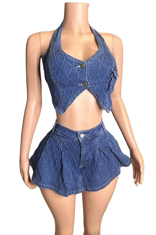 ENSEMBLE SHORT DEUX PIÈCES EN DENIM À LA MODE