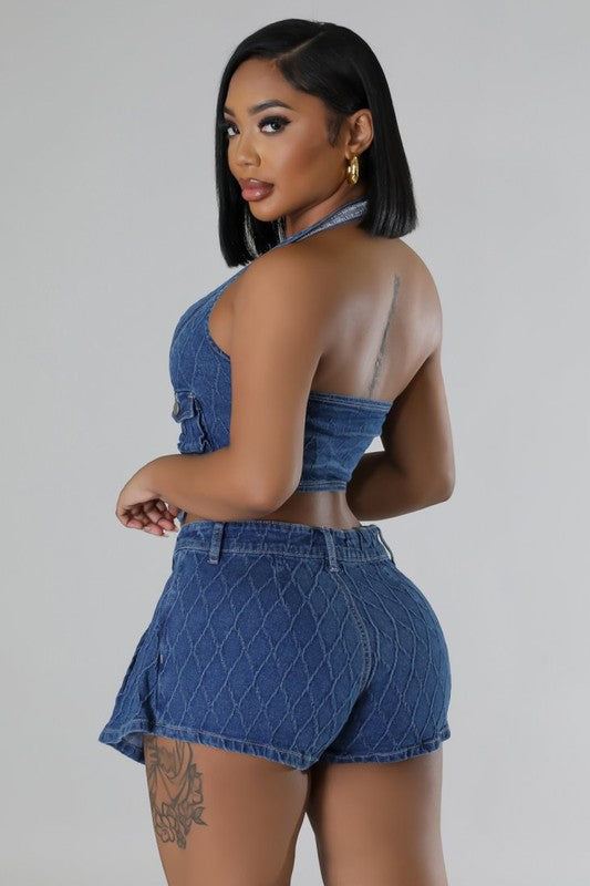 ENSEMBLE SHORT DEUX PIÈCES EN DENIM À LA MODE