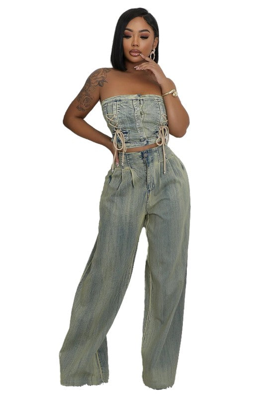 ENSEMBLE PANTALON DEUX PIÈCES EN DENIM POUR FEMMES
