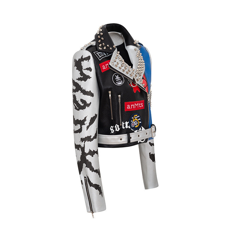 Manteau imprimé graffiti manteau court veste de moto en cuir slim