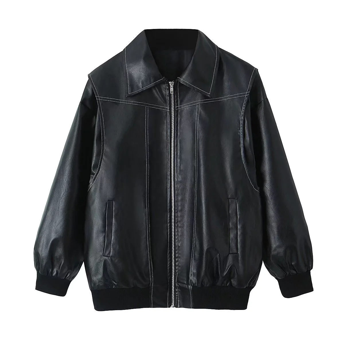 Los Mode Lapel Rits-up Baadjie Koel Langmou Ritssluiting Moto Biker Leer Baadjie Damesklere