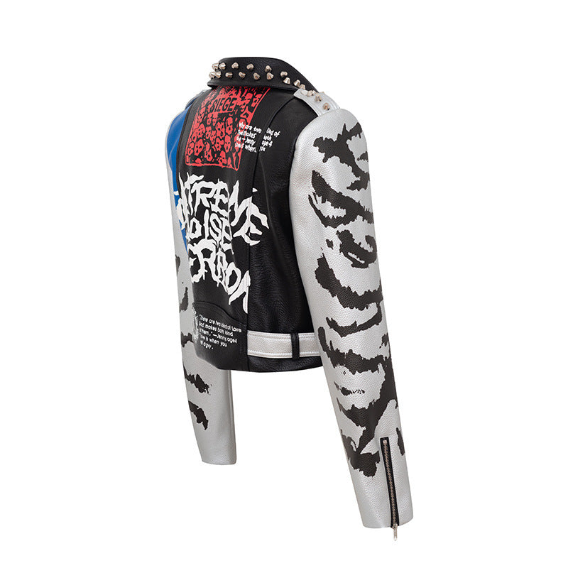 Manteau imprimé graffiti manteau court veste de moto en cuir slim