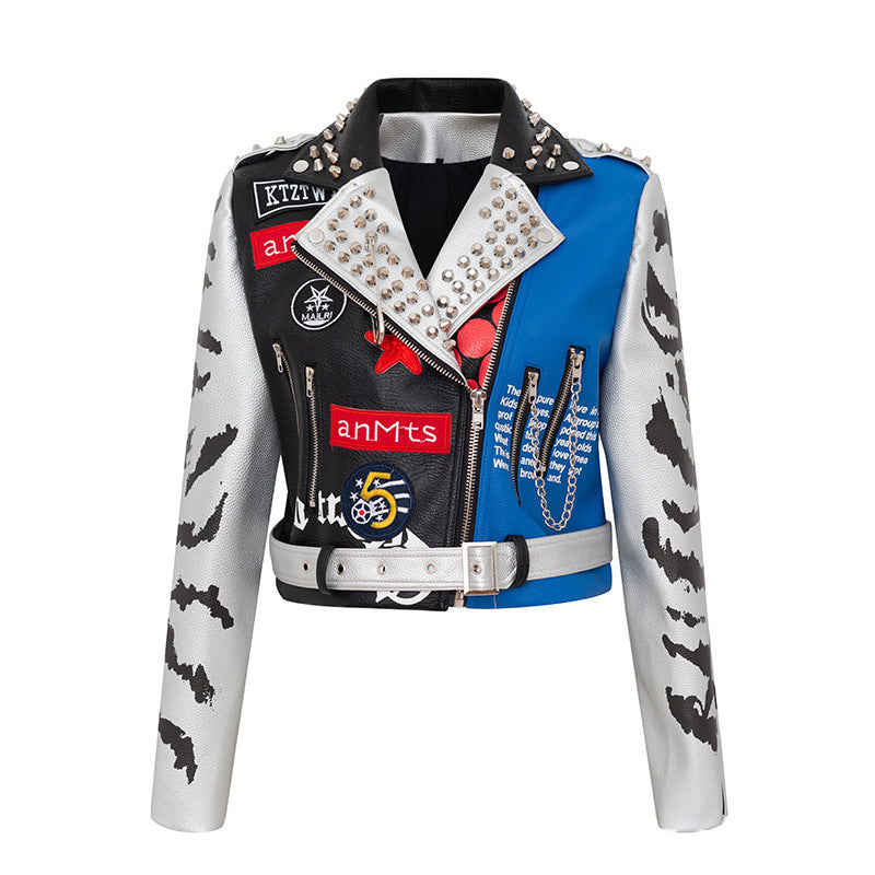 Manteau imprimé graffiti manteau court veste de moto en cuir slim