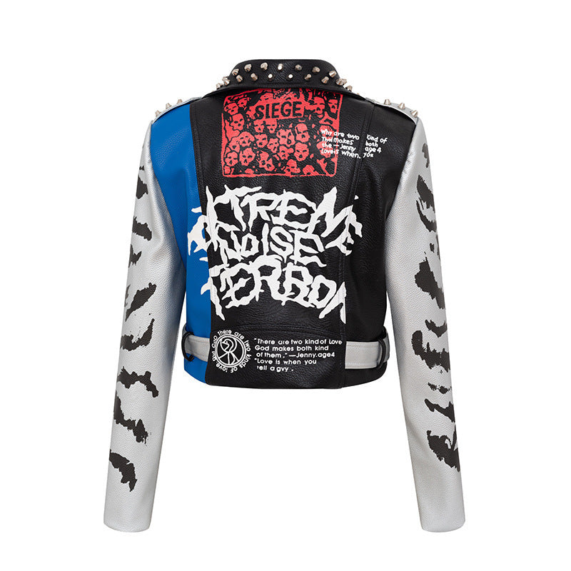 Manteau imprimé graffiti manteau court veste de moto en cuir slim