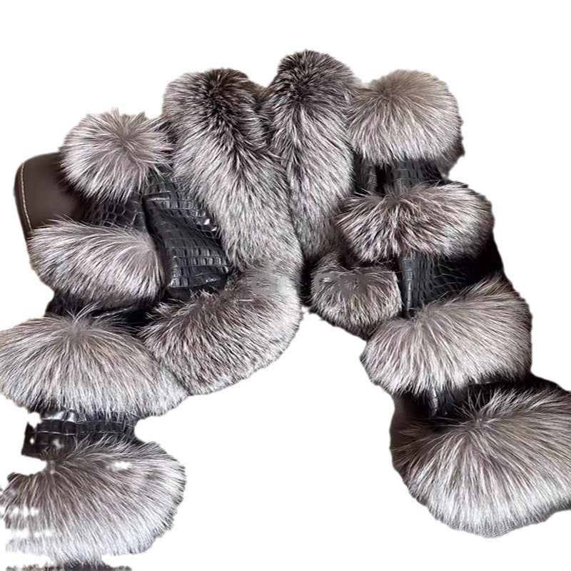 Manteau court en fourrure de renard à motif de peau de mouton verni brillant et élégant