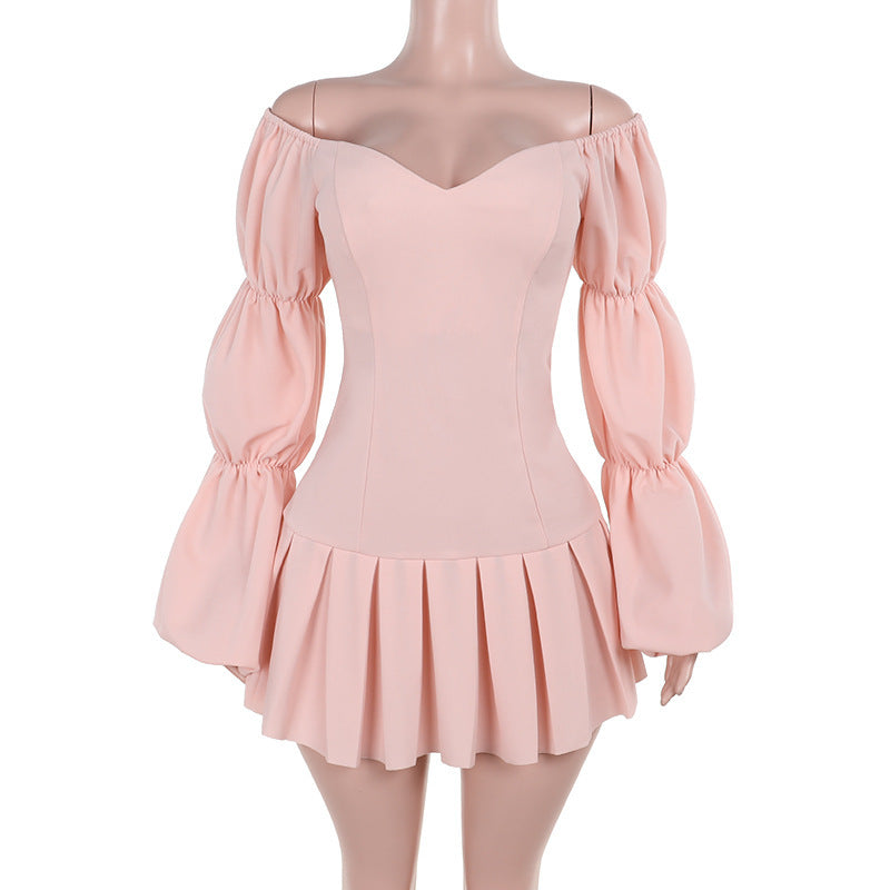 Off-shoulder Lantern Sleeve Pleated Dress